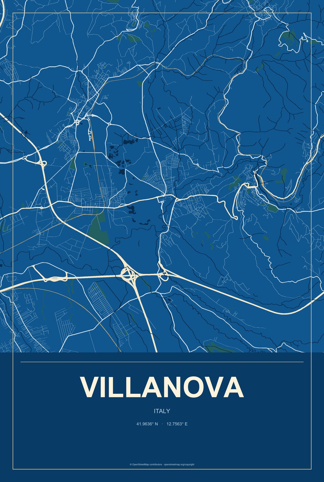 Villanova, Italy City Map Aluminum Sign in Harbor Cobalt style