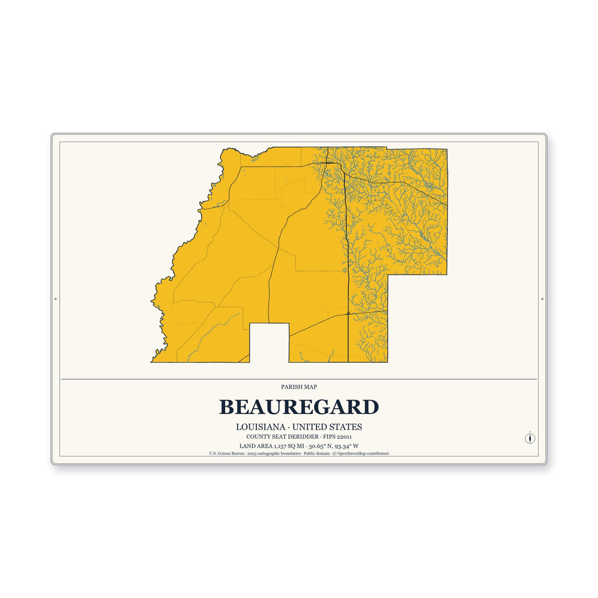 Beauregard Parish, Louisiana Map Aluminum Sign in Citrine Modern style