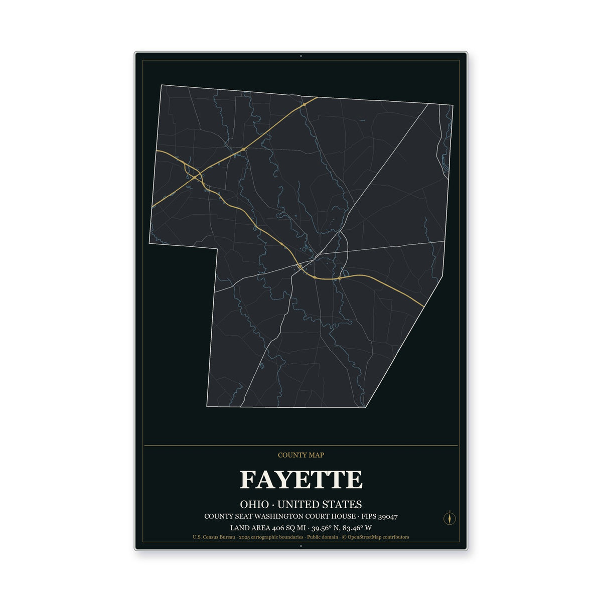 Fayette County, Ohio Map Aluminum Sign in Metropolitan Noir style