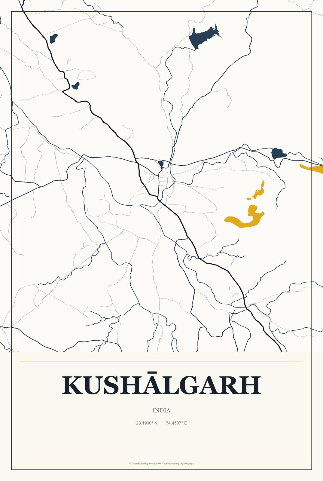 Kushālgarh, India City Map Aluminum Sign in Citrine Modern style