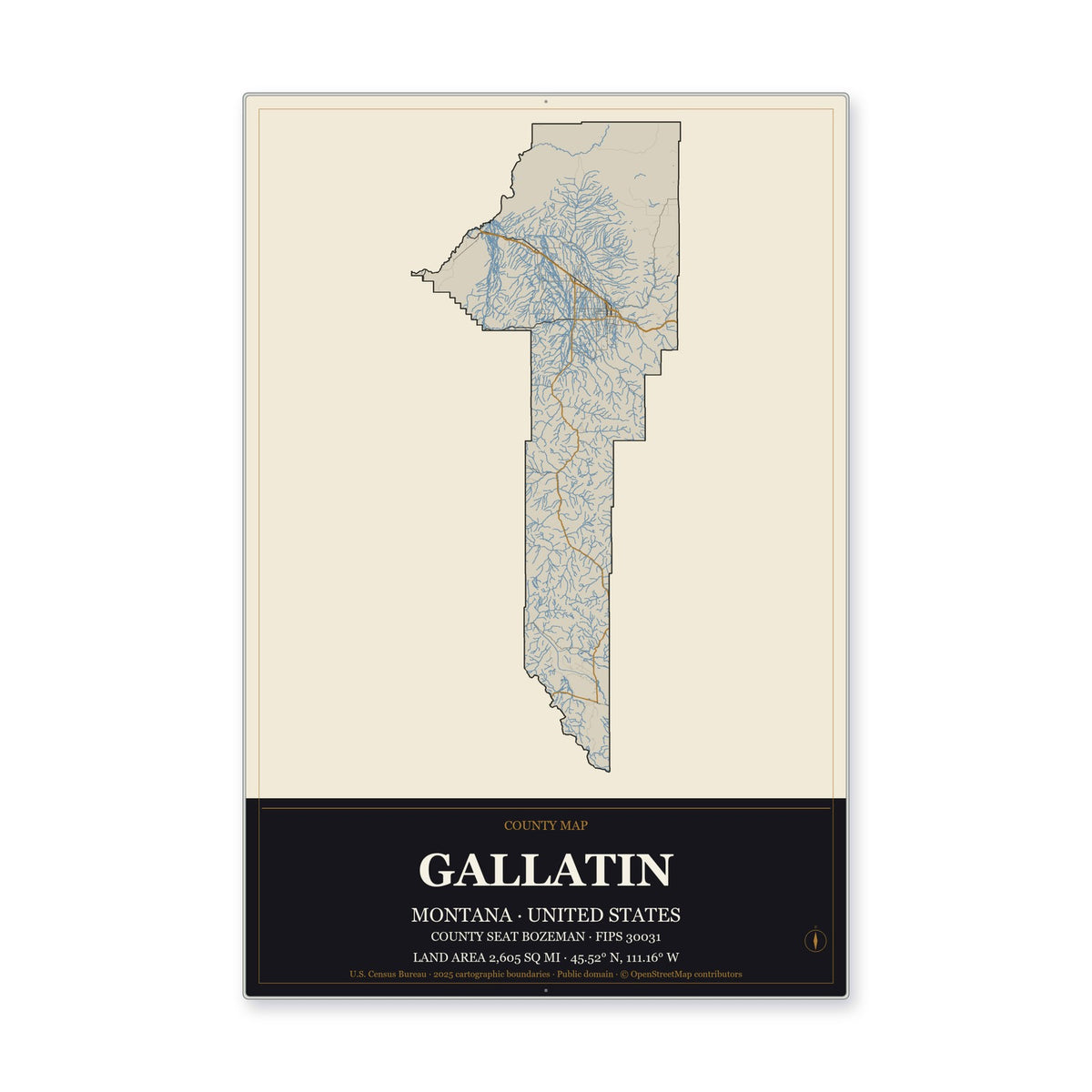 Gallatin County, Montana Map Aluminum Sign in Museum Plaque style
