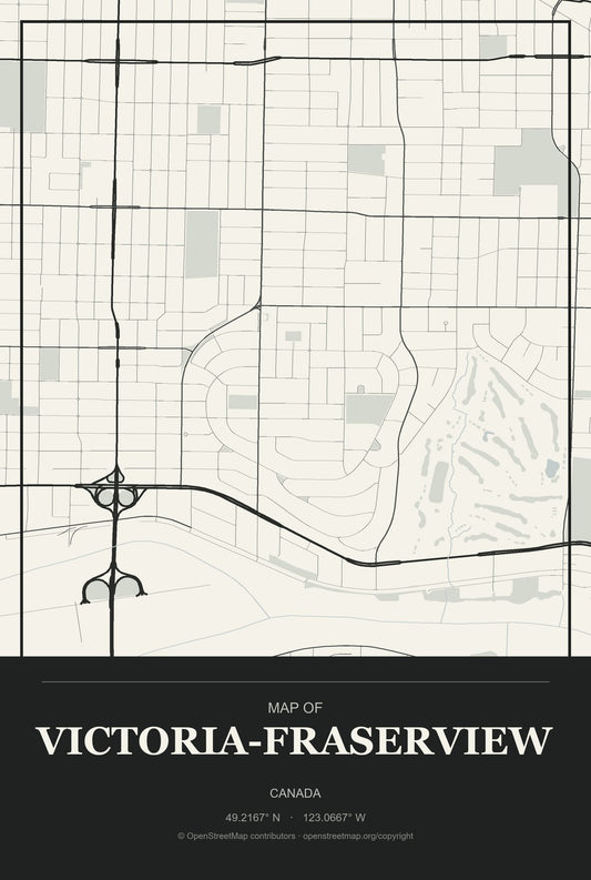 Victoria-Fraserview, Canada City Map Aluminum Sign in Museum Plaque style