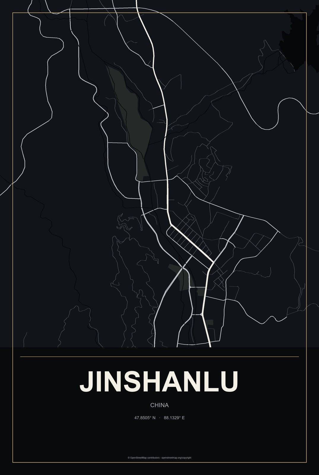 Jinshanlu, China City Map Aluminum Sign in Metropolitan Noir style