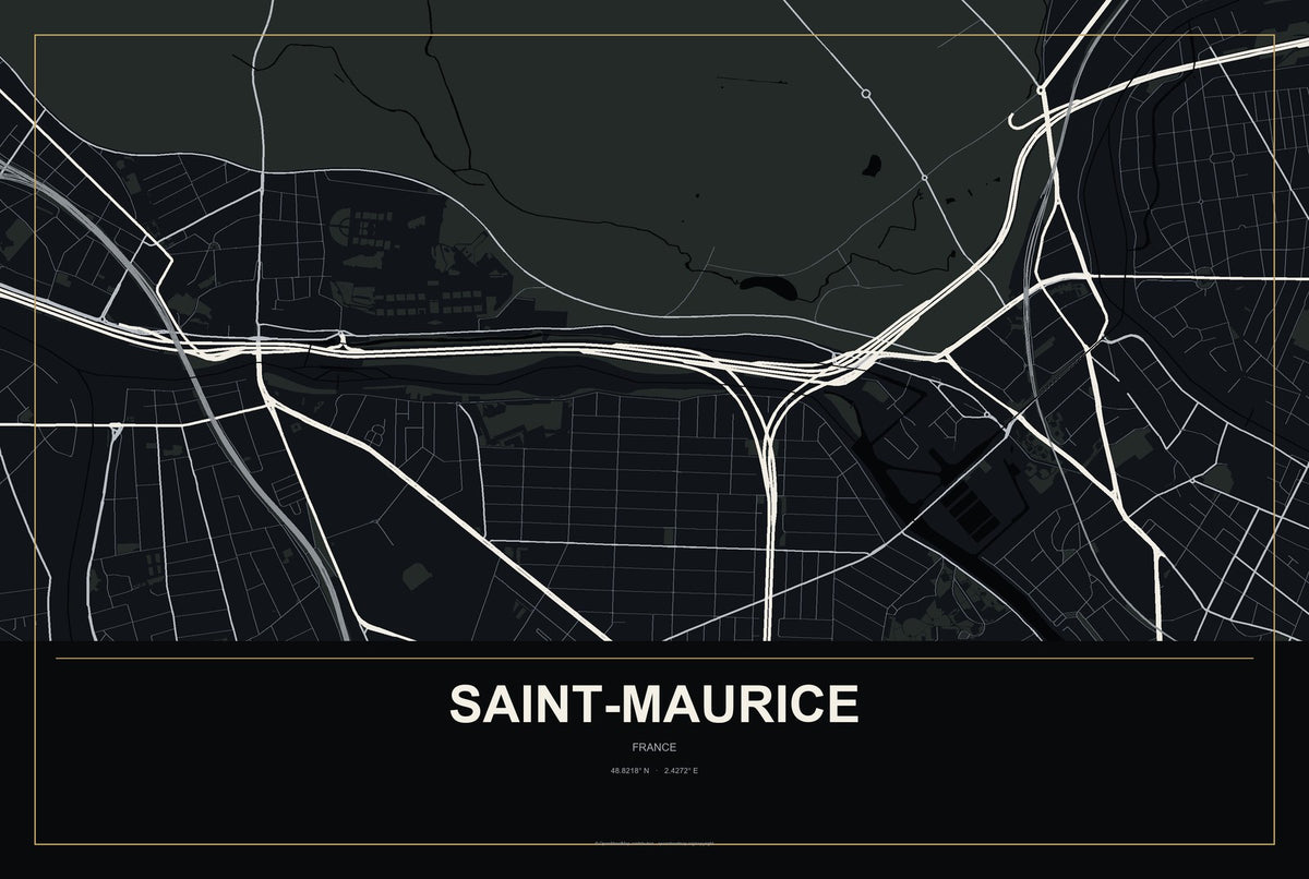 Saint-Maurice, France City Map Aluminum Sign in Metropolitan Noir style