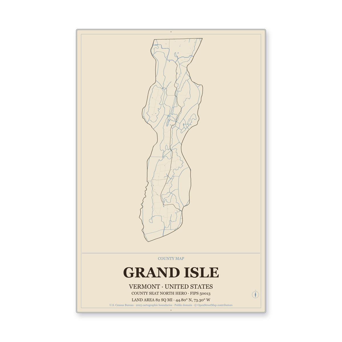 Grand Isle County, Vermont Map Aluminum Sign in Heritage Nautical style
