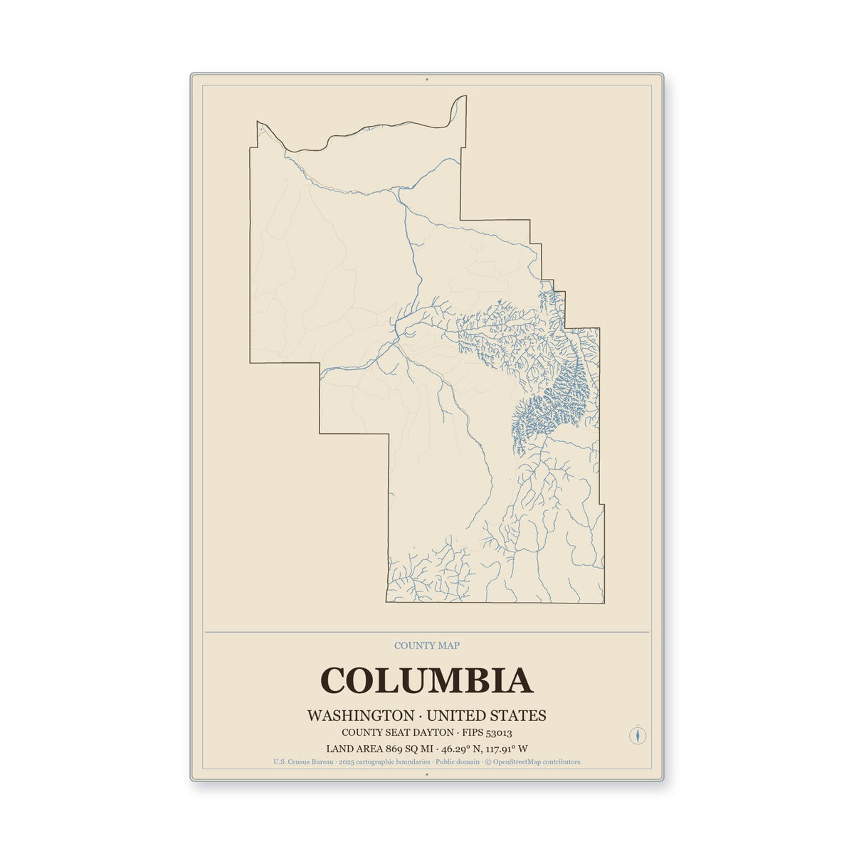 Columbia County, Washington Map Aluminum Sign in Heritage Nautical style