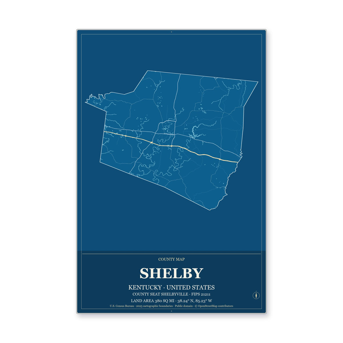 Shelby County, Kentucky Map Aluminum Sign in Harbor Cobalt style