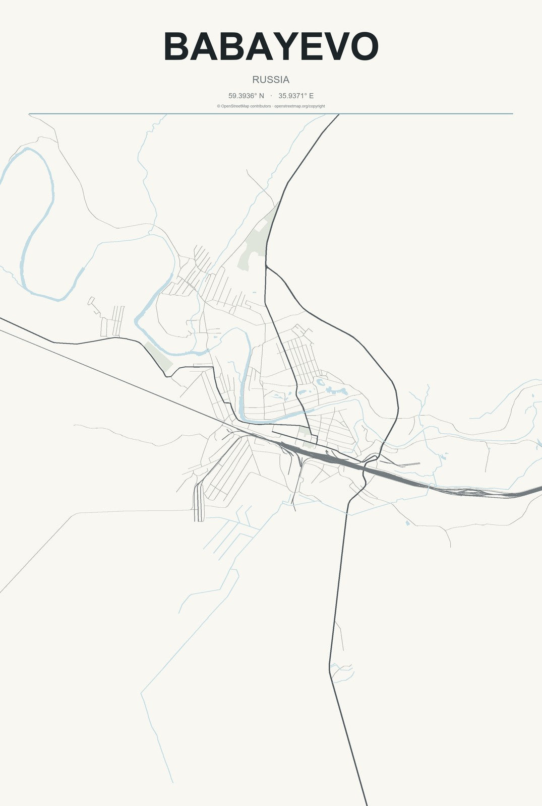 Babayevo, Russia City Map Aluminum Sign in Headline Atlas style