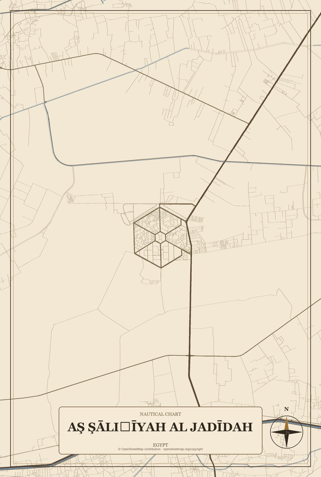 Aş Şāliḩīyah al Jadīdah, Egypt City Map Aluminum Sign in Heritage Nautical style