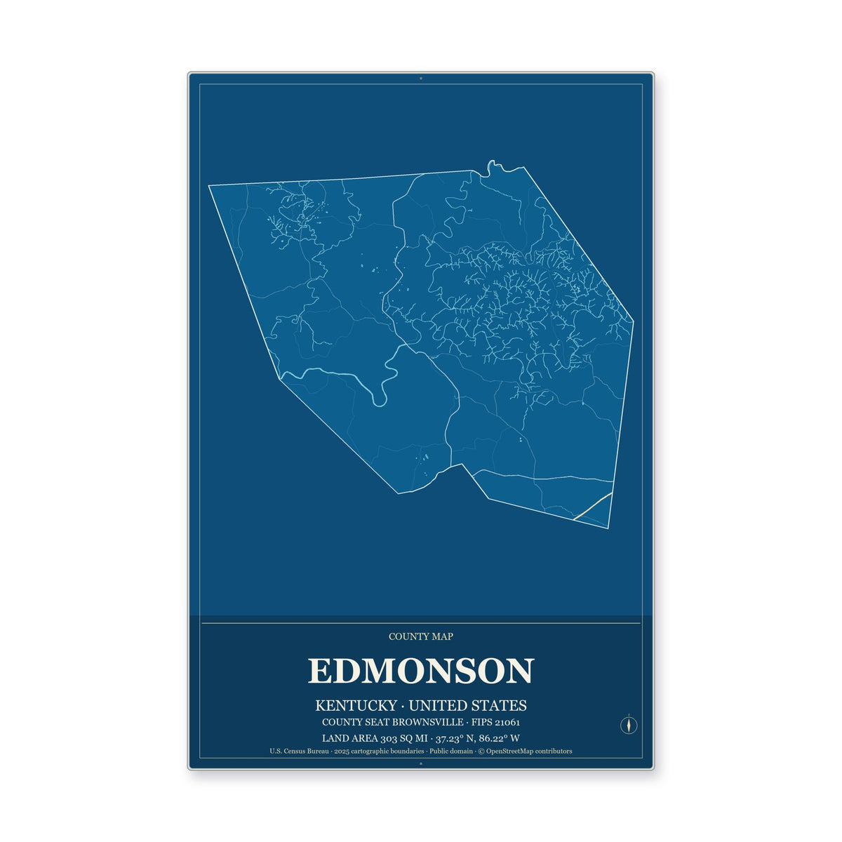 Edmonson County, Kentucky Map Aluminum Sign in Harbor Cobalt style