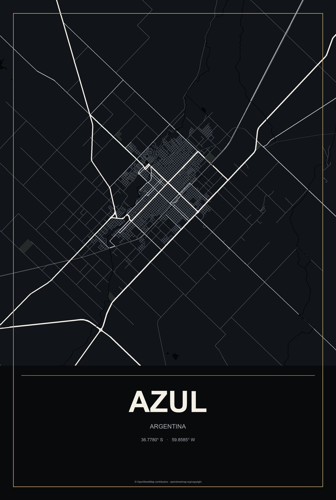 Azul, Argentina City Map Aluminum Sign in Metropolitan Noir style