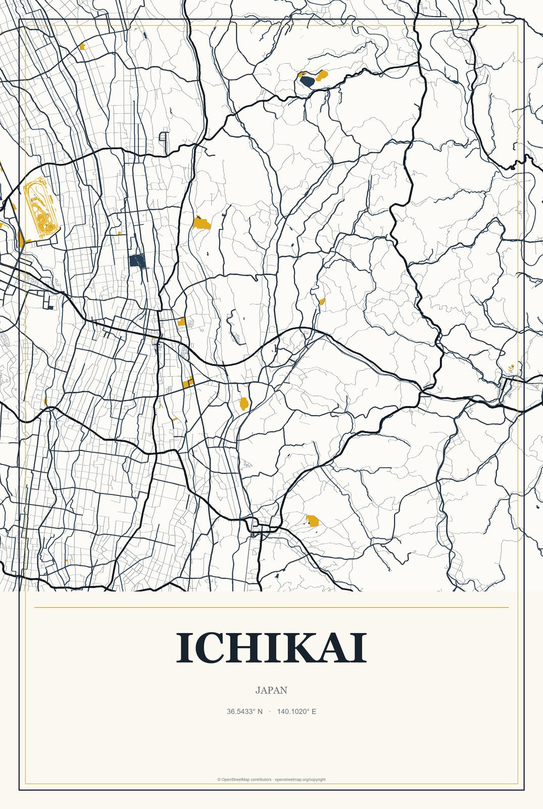Ichikai, Japan City Map Aluminum Sign in Citrine Modern style
