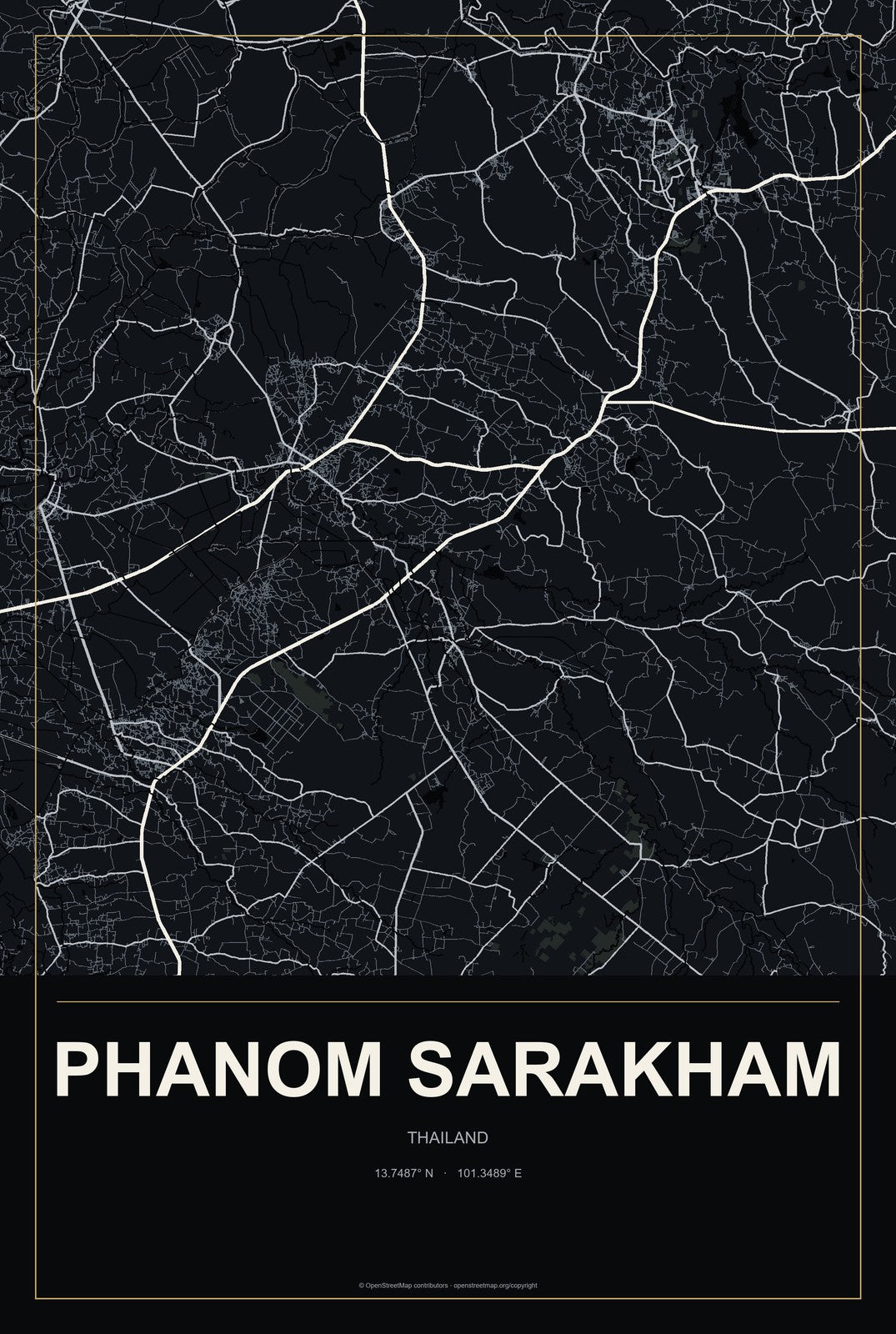 Phanom Sarakham, Thailand City Map Aluminum Sign in Metropolitan Noir style