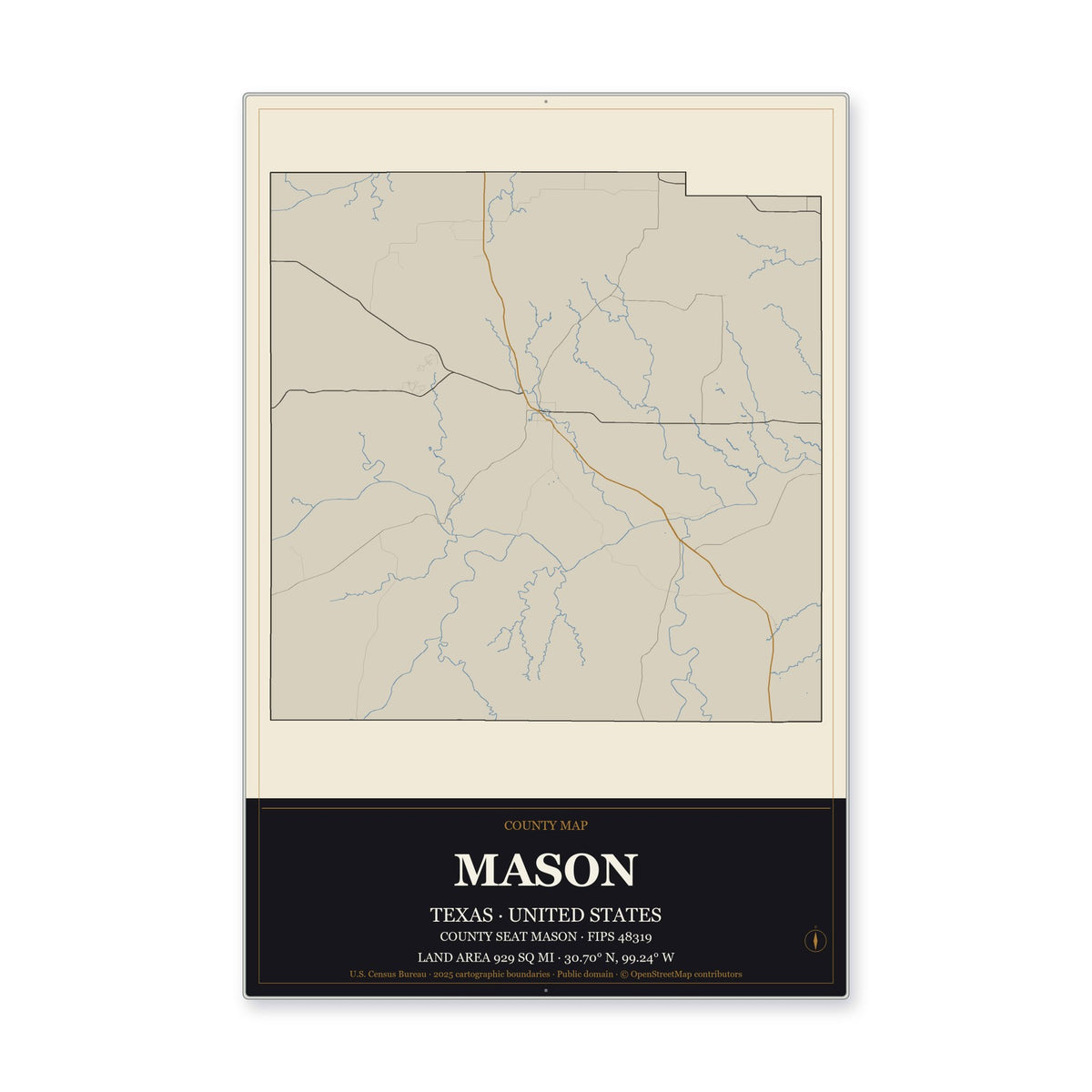 Mason County, Texas Map Aluminum Sign in Museum Plaque style