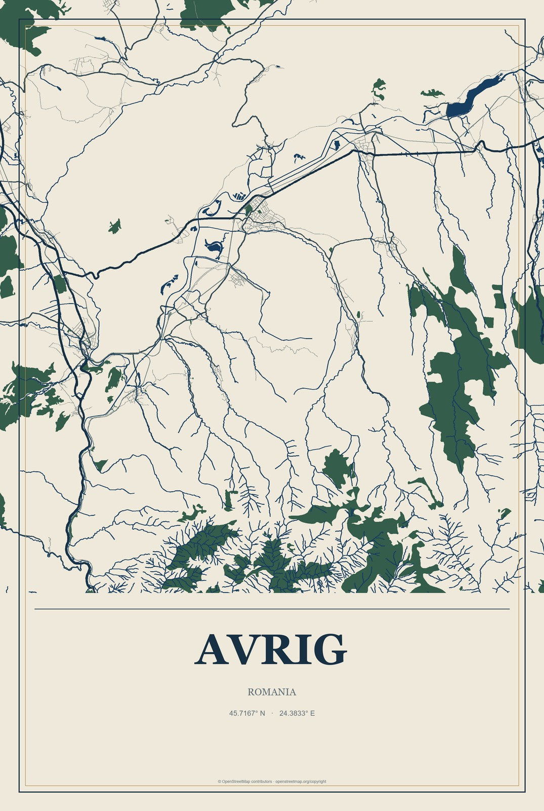 Avrig, Romania City Map Aluminum Sign in Coastal Cutout style
