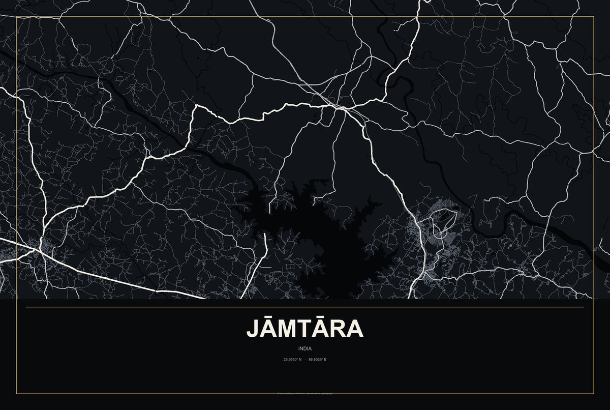 Jāmtāra, India City Map Aluminum Sign in Metropolitan Noir style