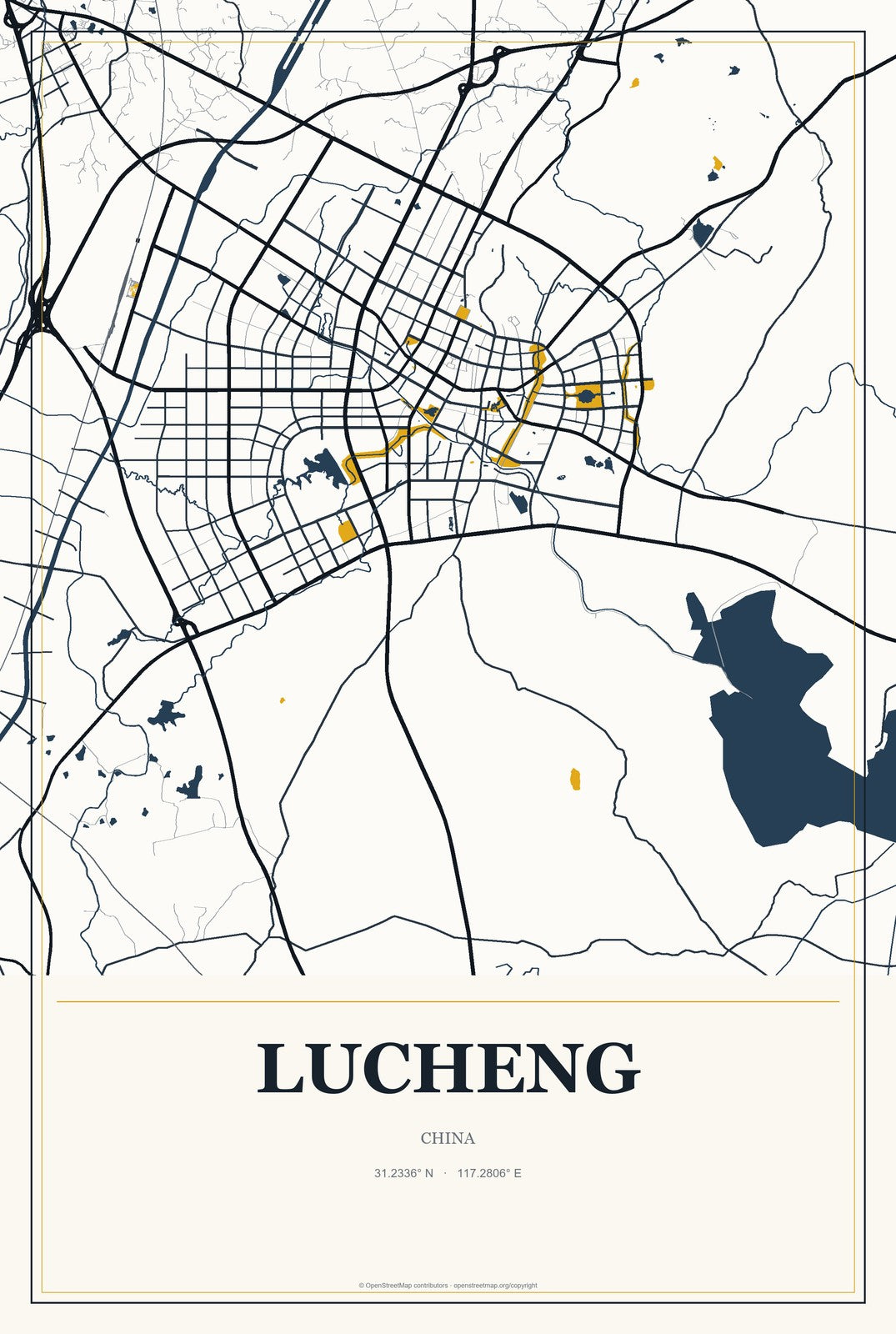 Lucheng, China City Map Aluminum Sign in Citrine Modern style
