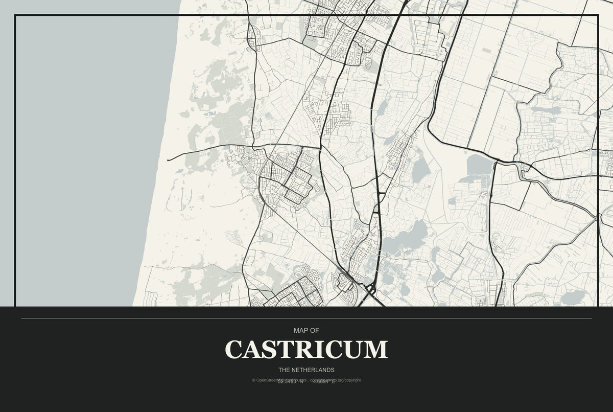 Castricum, The Netherlands City Map Aluminum Sign in Museum Plaque style