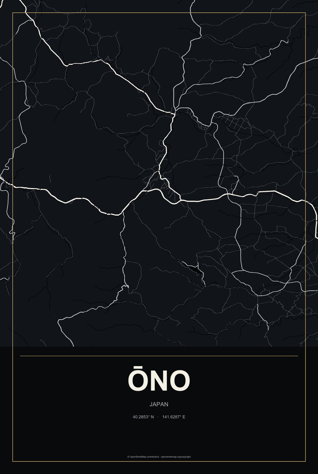 Ōno, Japan City Map Aluminum Sign in Metropolitan Noir style
