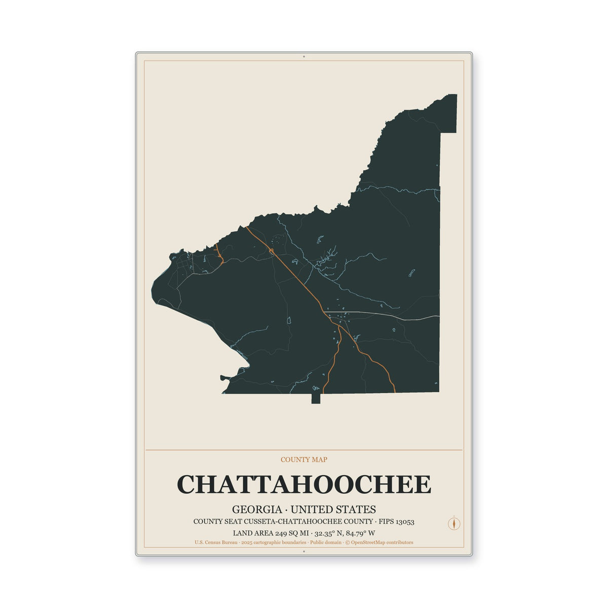 Chattahoochee County, Georgia Map Aluminum Sign in Headline Atlas style