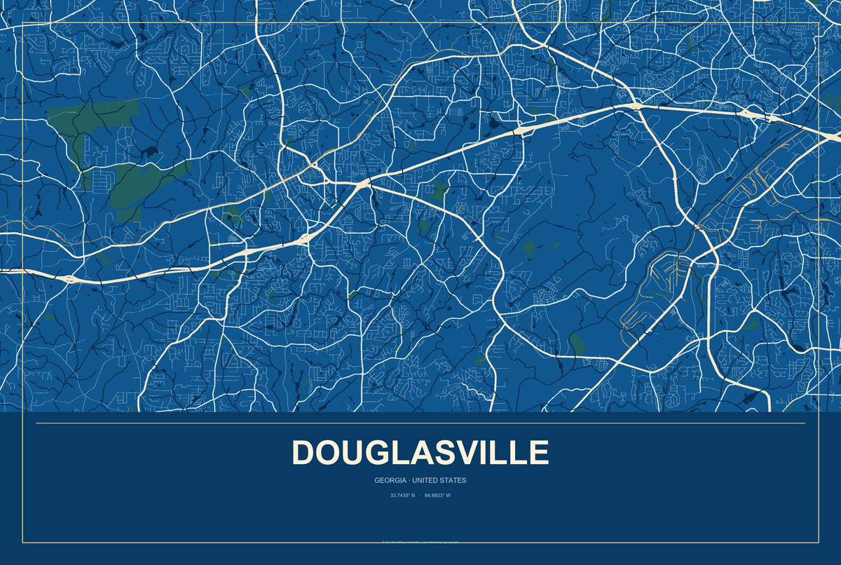Douglasville, Georgia City Map Aluminum Sign in Harbor Cobalt style