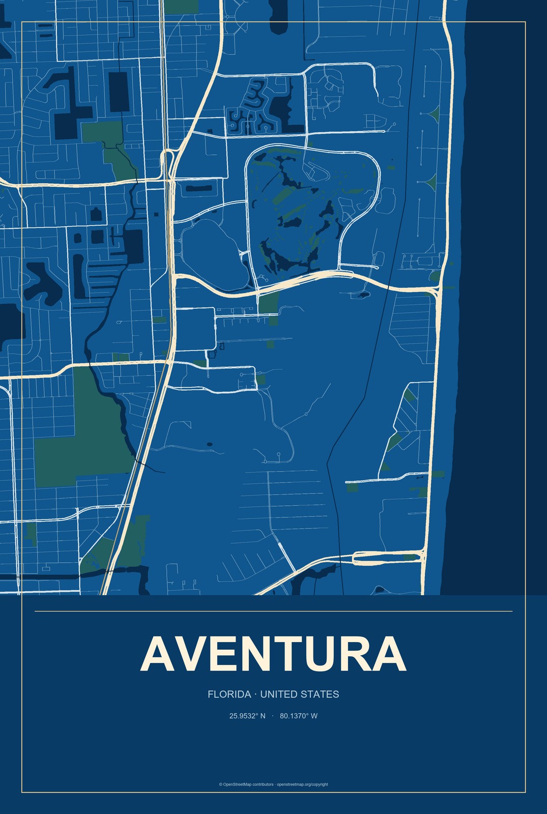 Aventura, Florida City Map Aluminum Sign in Harbor Cobalt style