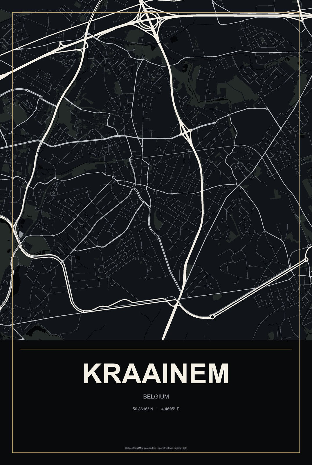 Kraainem, Belgium City Map Aluminum Sign in Metropolitan Noir style