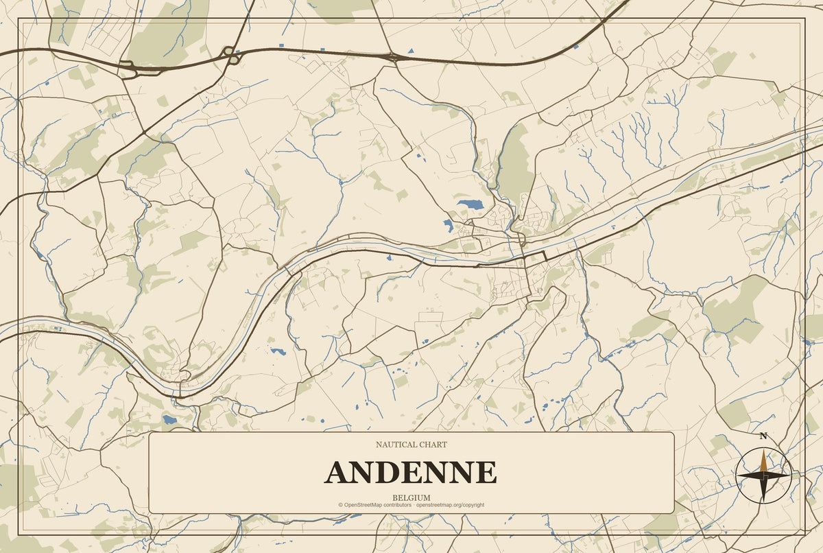 Andenne, Belgium City Map Aluminum Sign in Heritage Nautical style
