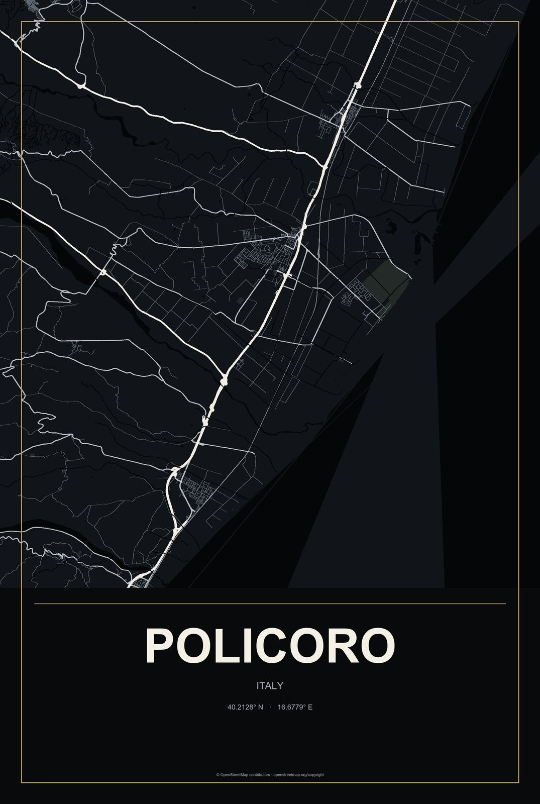 Policoro, Italy City Map Aluminum Sign in Metropolitan Noir style