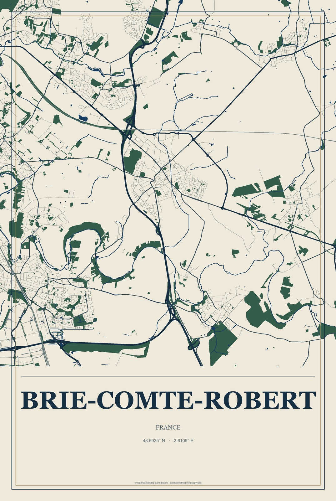 Brie-Comte-Robert, France City Map Aluminum Sign in Coastal Cutout style