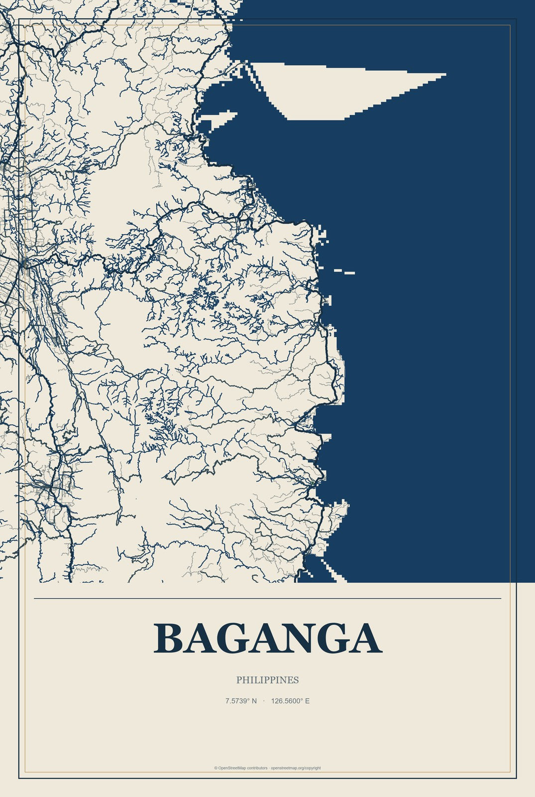 Baganga, Philippines City Map Aluminum Sign in Coastal Cutout style