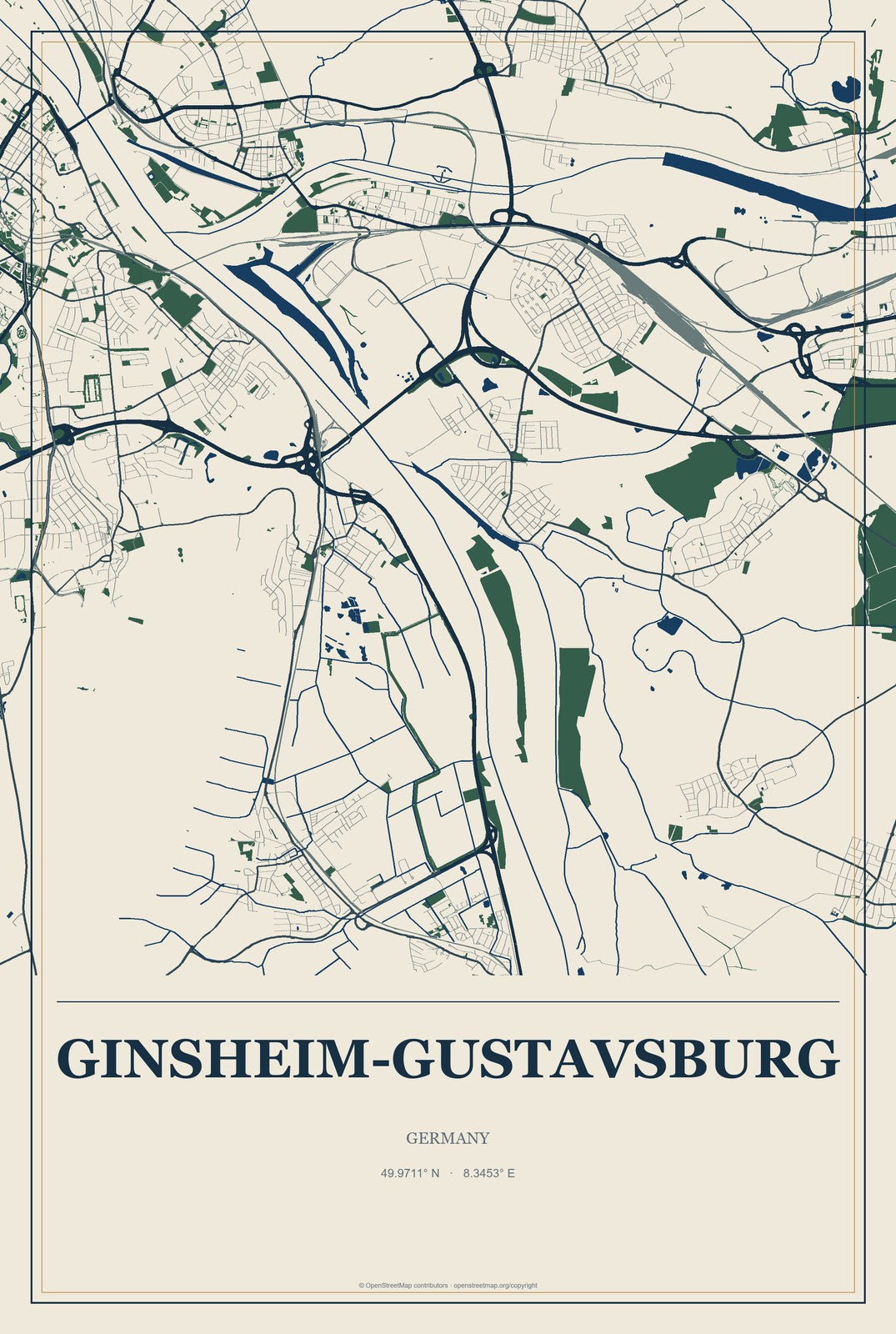 Ginsheim-Gustavsburg, Germany City Map Aluminum Sign in Coastal Cutout style