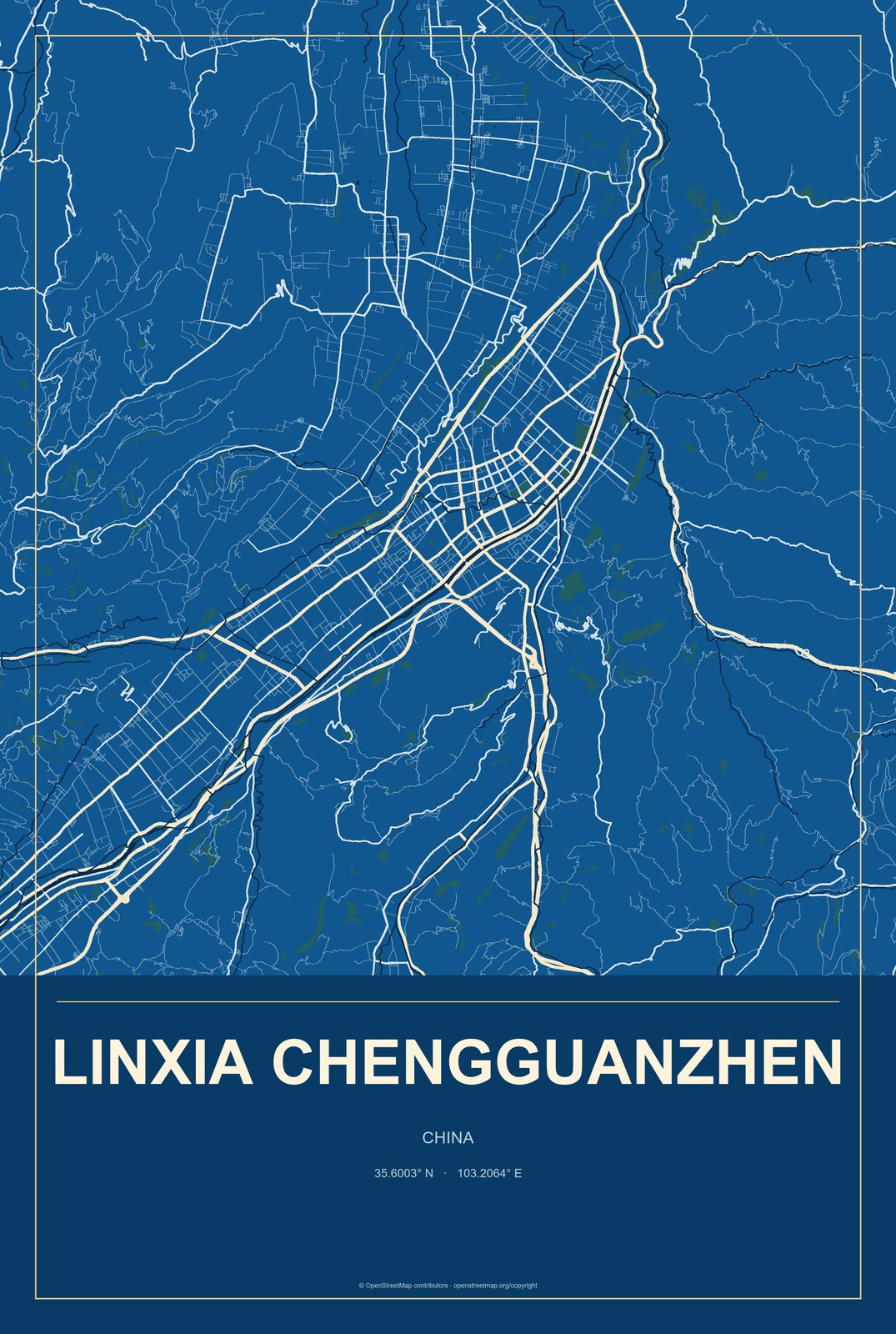 Linxia Chengguanzhen, China City Map Aluminum Sign in Harbor Cobalt style