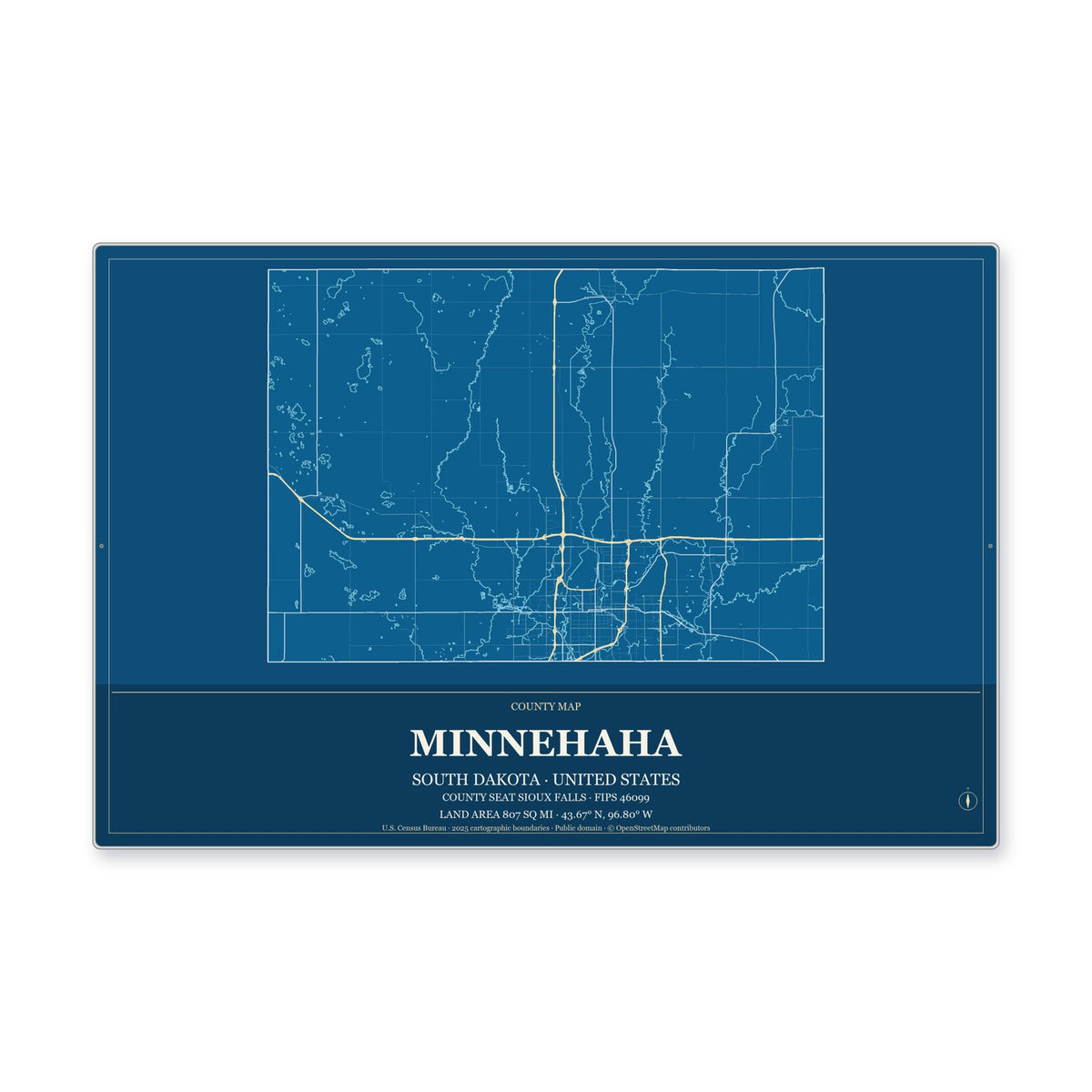 Minnehaha County, South Dakota Map Aluminum Sign in Harbor Cobalt style