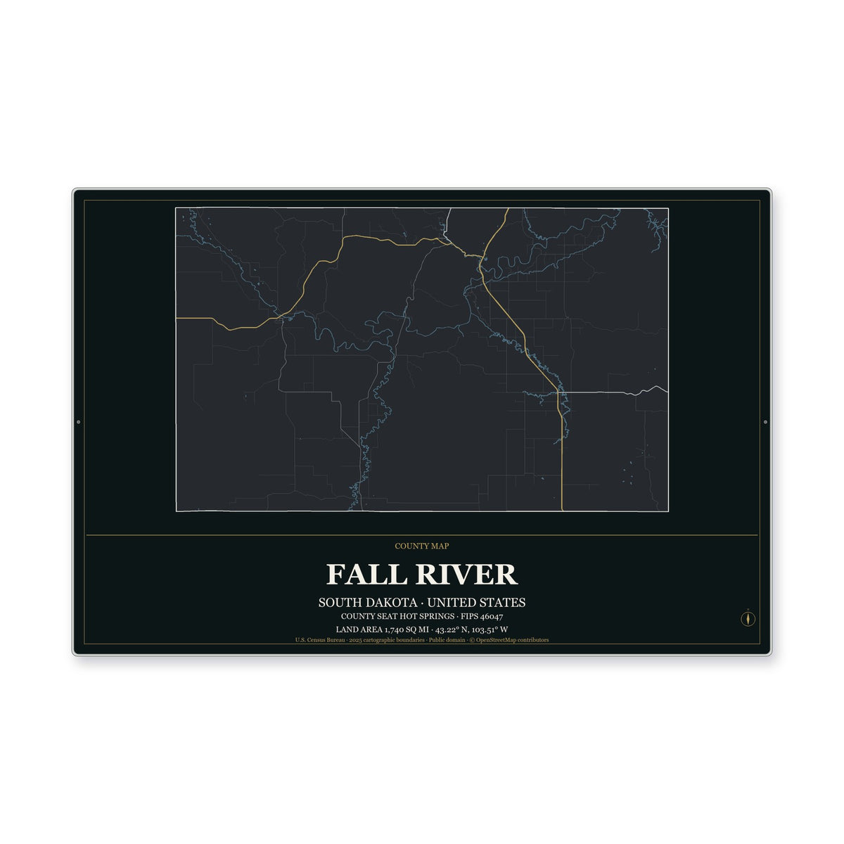 Fall River County, South Dakota Map Aluminum Sign in Metropolitan Noir style