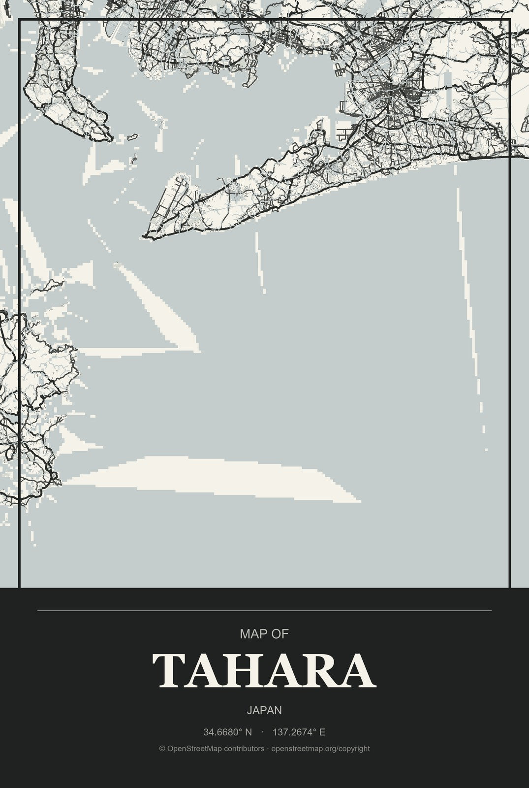 Tahara, Japan City Map Aluminum Sign in Museum Plaque style