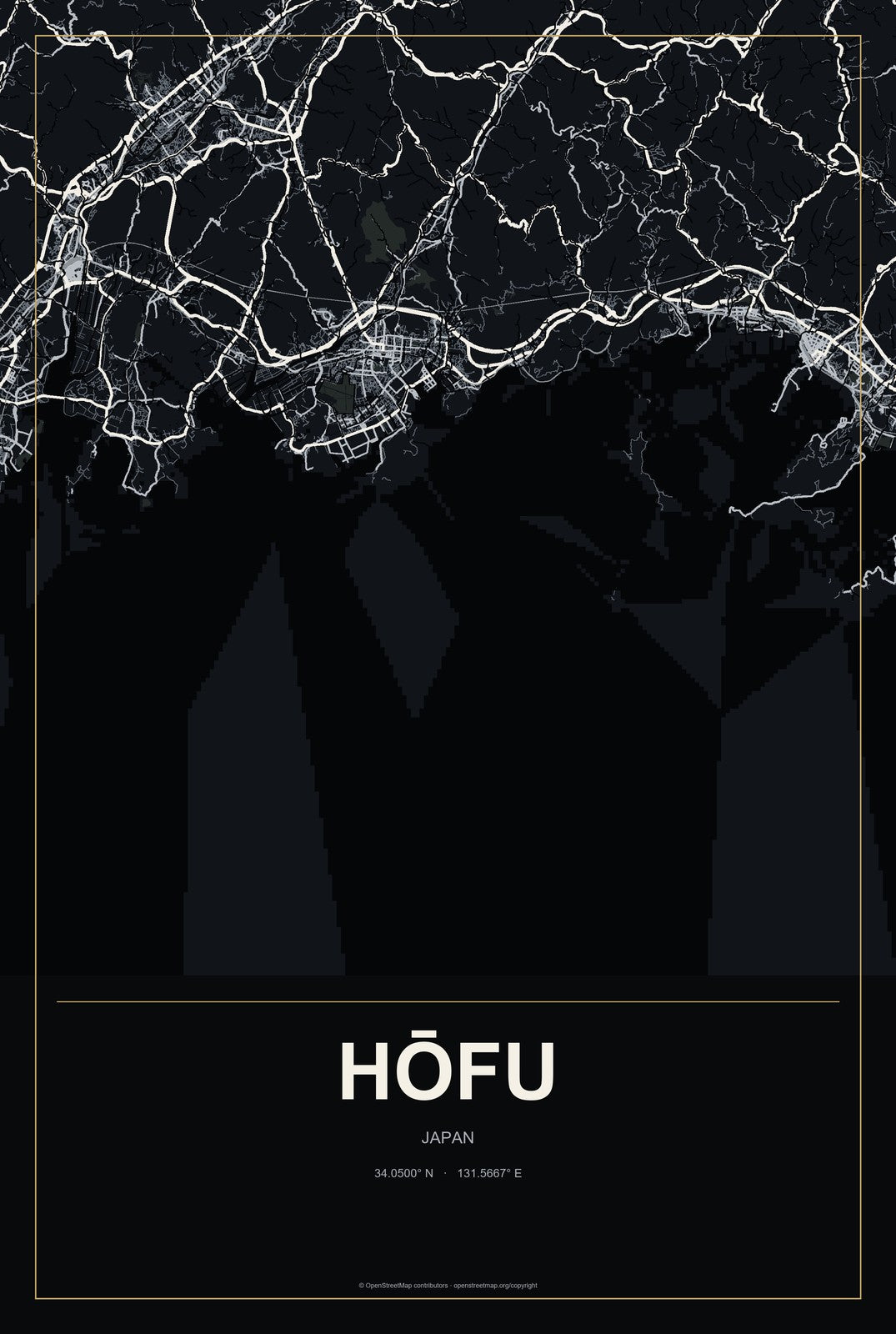 Hōfu, Japan City Map Aluminum Sign in Metropolitan Noir style