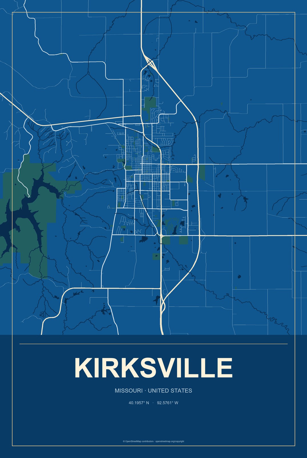 Kirksville, Missouri City Map Aluminum Sign in Harbor Cobalt style