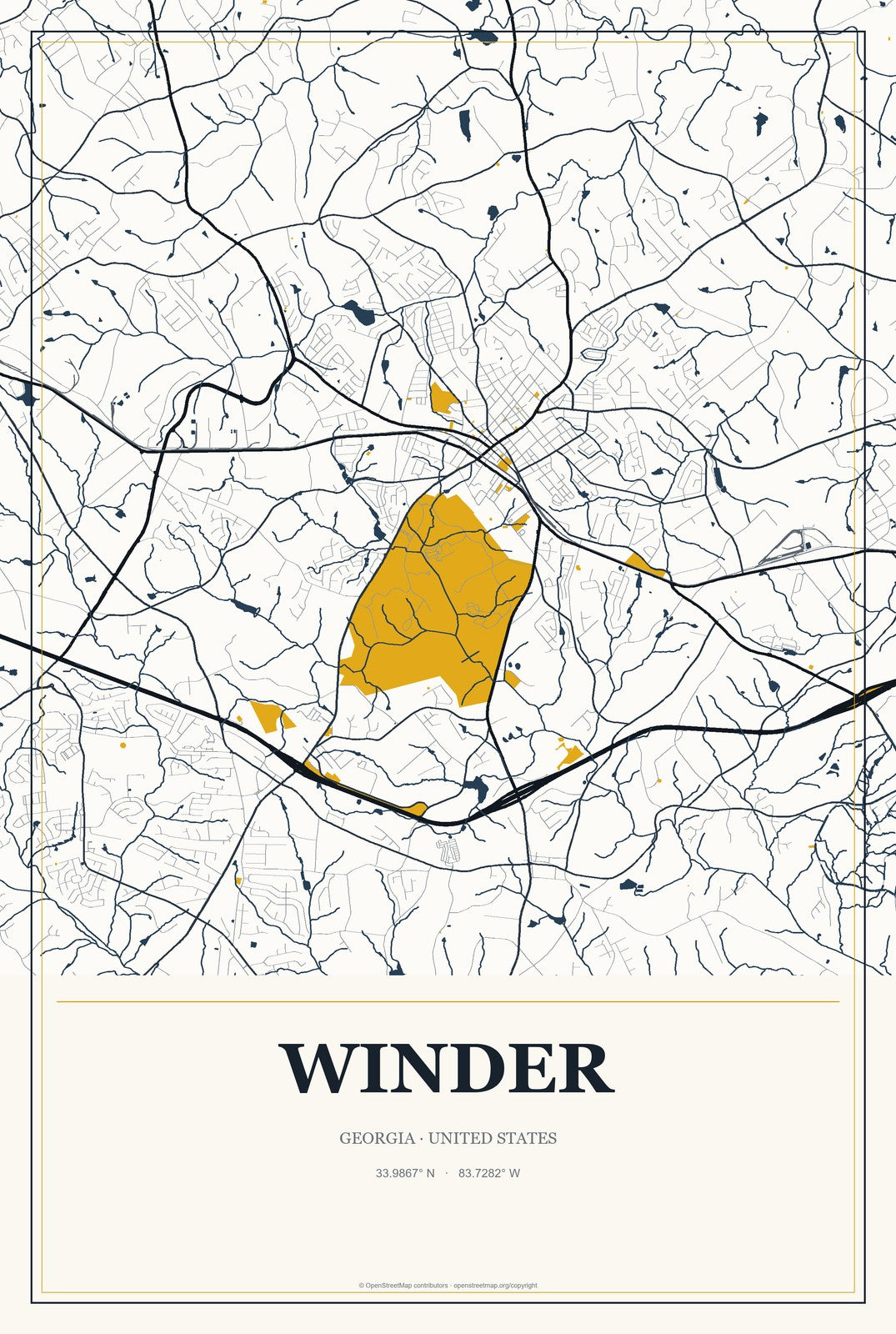 Winder, Georgia City Map Aluminum Sign in Citrine Modern style