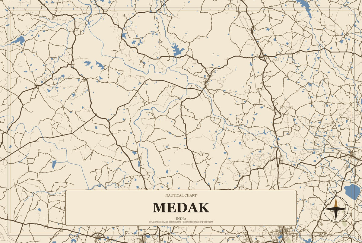 Medak, India City Map Aluminum Sign in Heritage Nautical style
