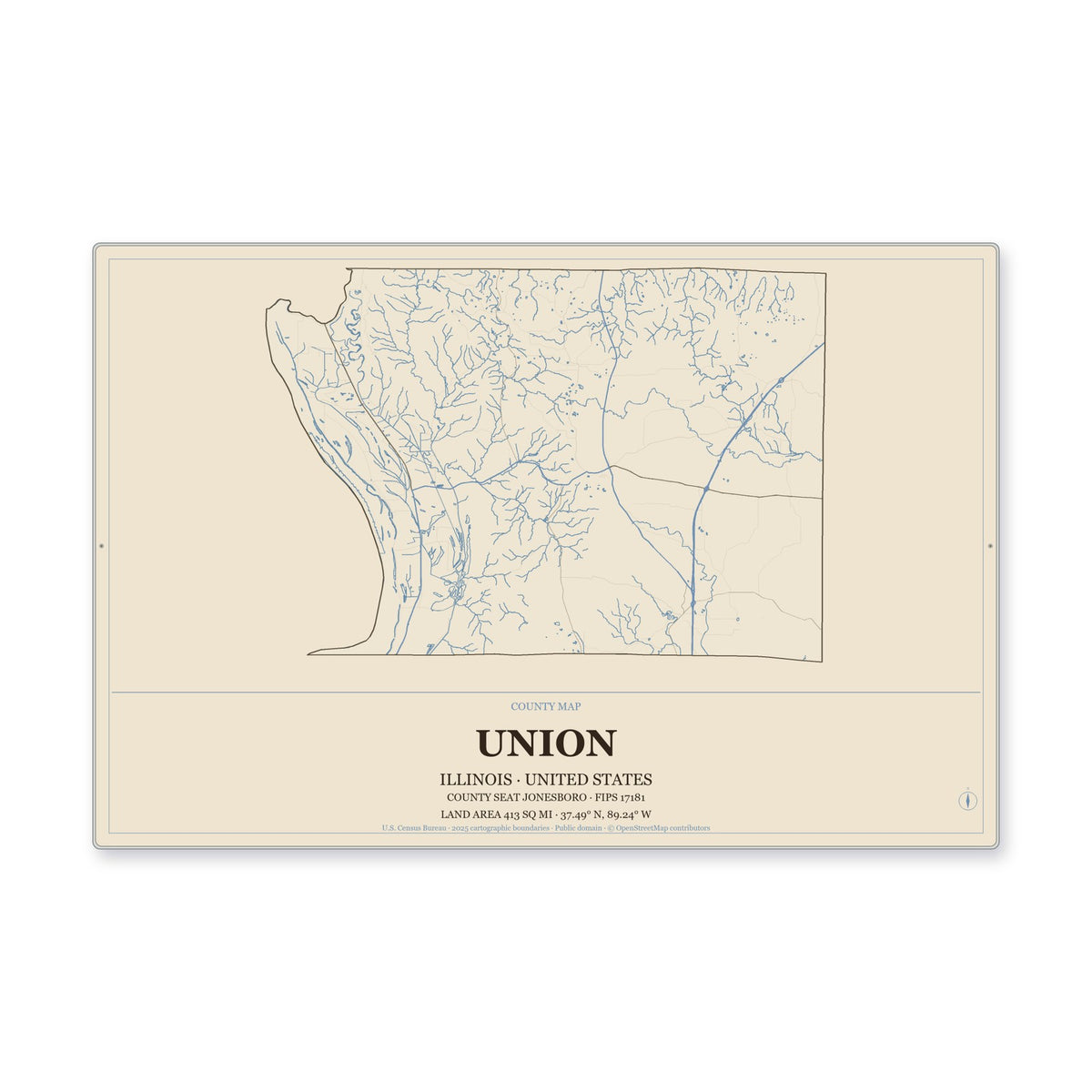 Union County, Illinois Map Aluminum Sign in Heritage Nautical style