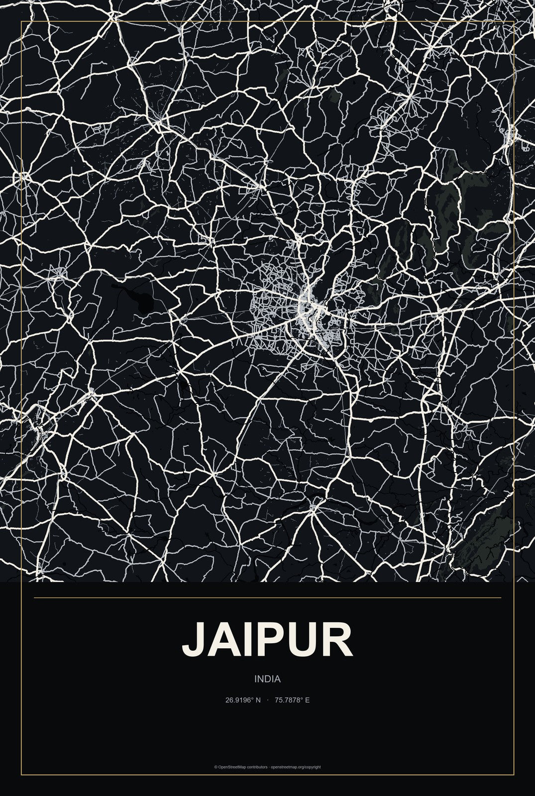 Jaipur, India City Map Aluminum Sign in Metropolitan Noir style