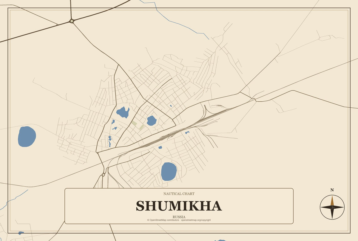 Shumikha, Russia City Map Aluminum Sign in Heritage Nautical style