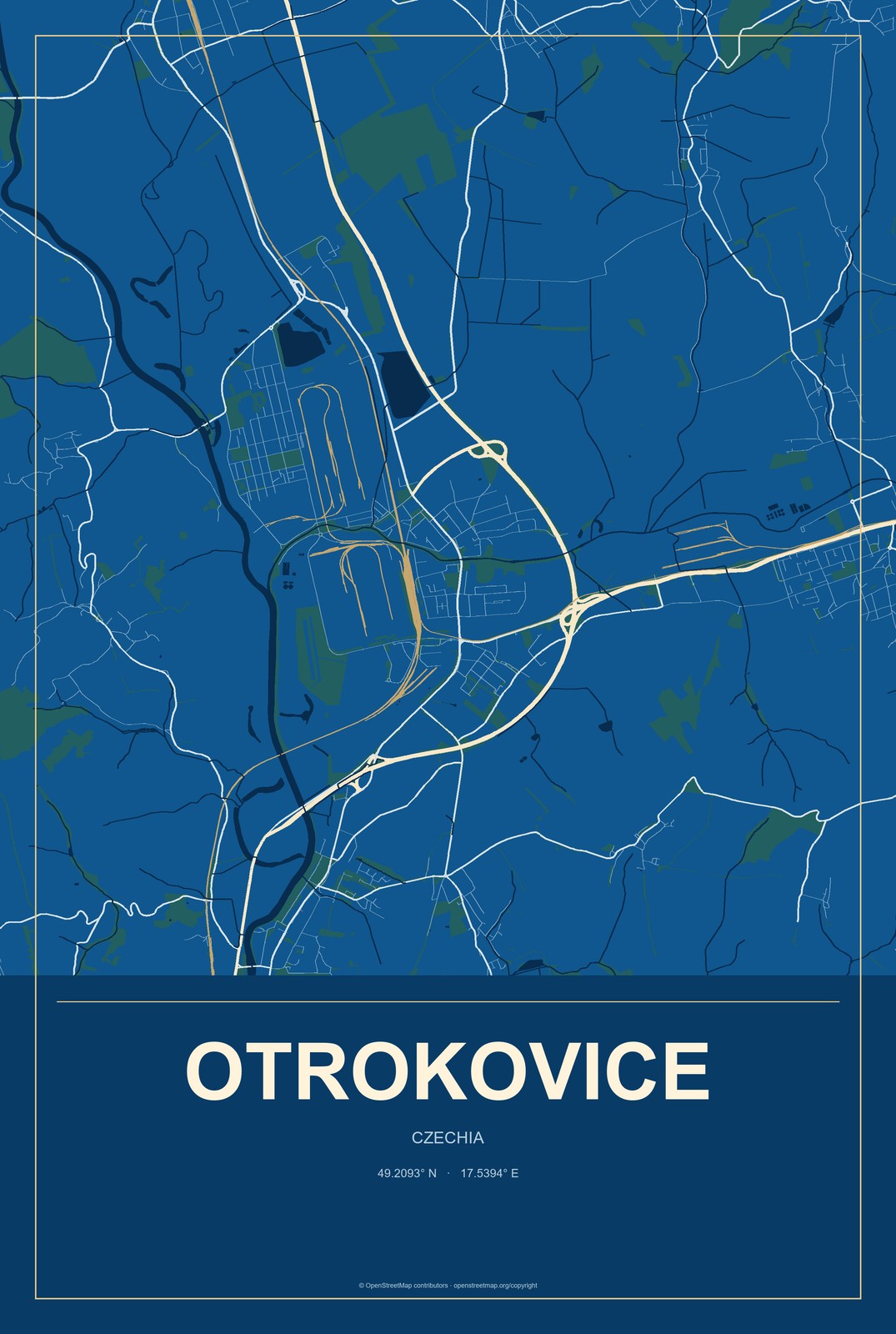 Otrokovice, Czechia City Map Aluminum Sign in Harbor Cobalt style