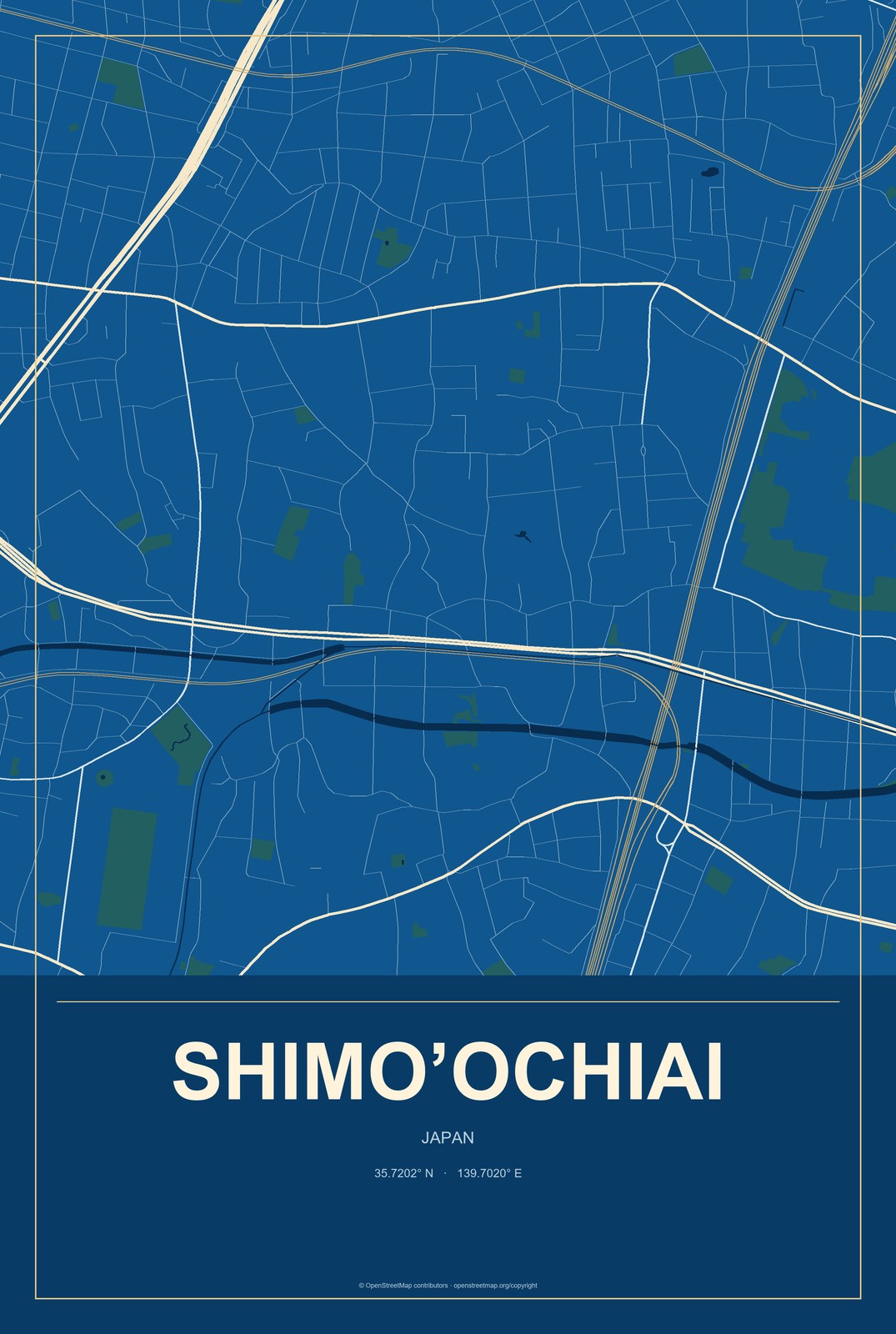 Shimo’ochiai, Japan City Map Aluminum Sign in Harbor Cobalt style