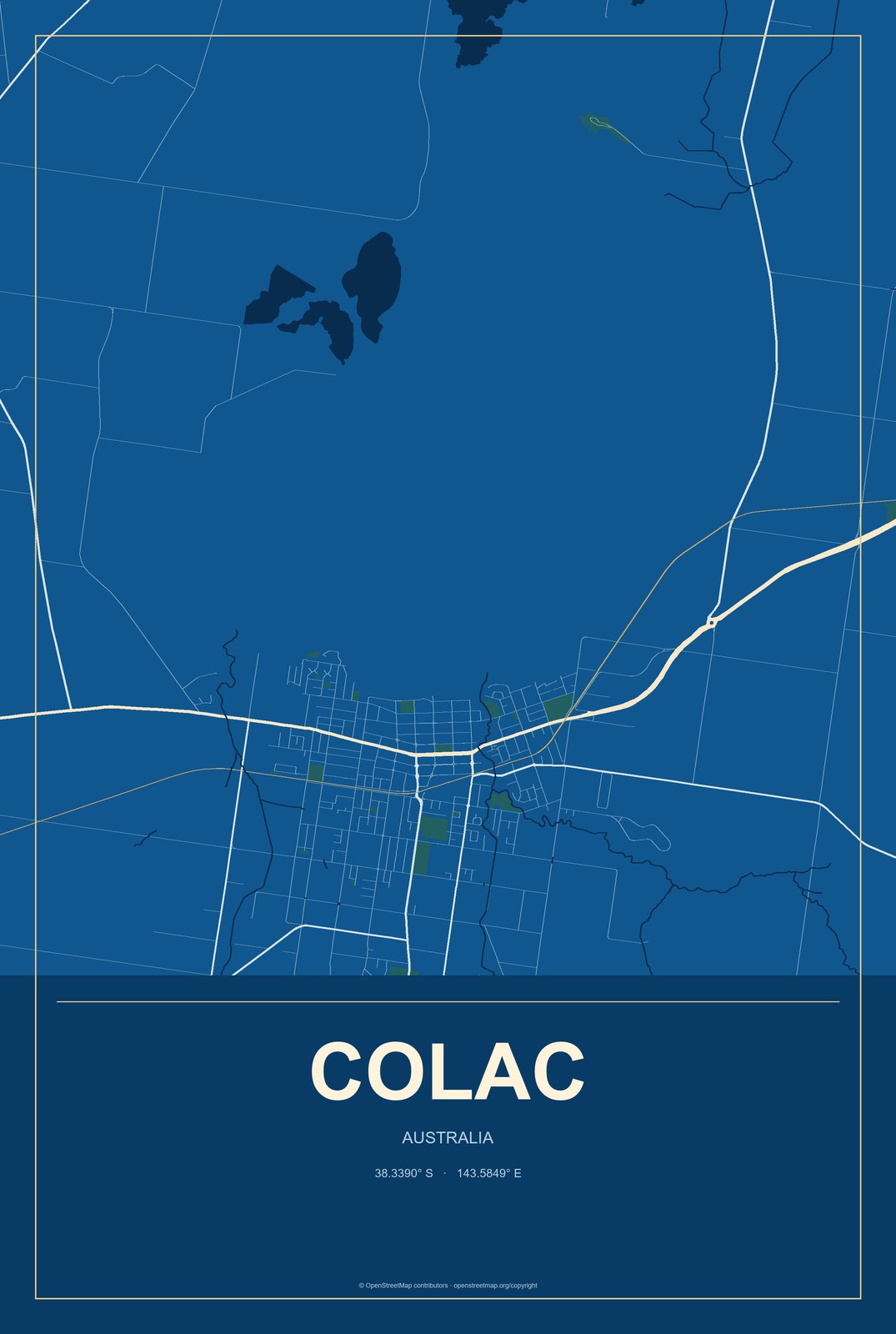 Colac, Australia City Map Aluminum Sign in Harbor Cobalt style