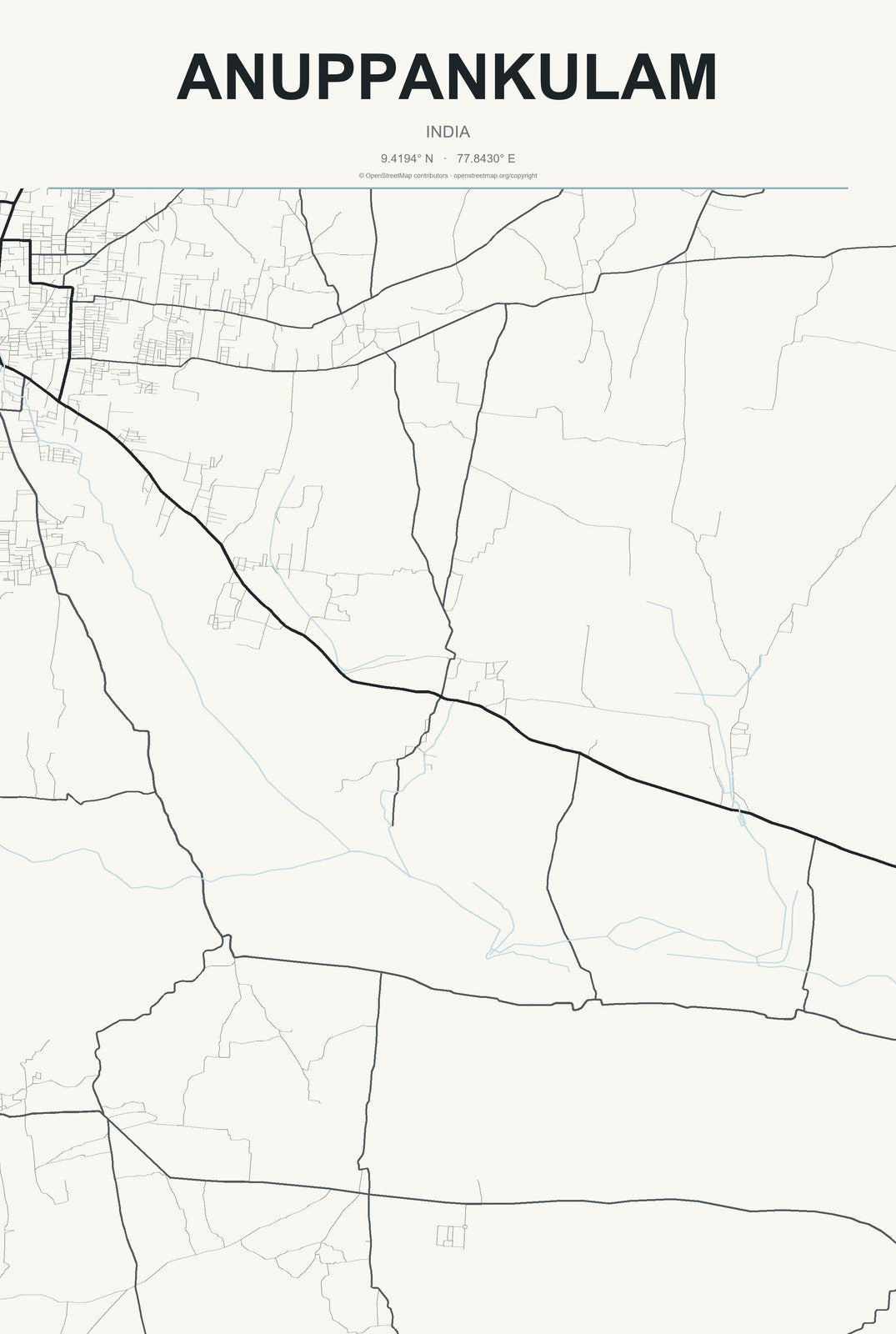 Anuppankulam, India City Map Aluminum Sign in Headline Atlas style