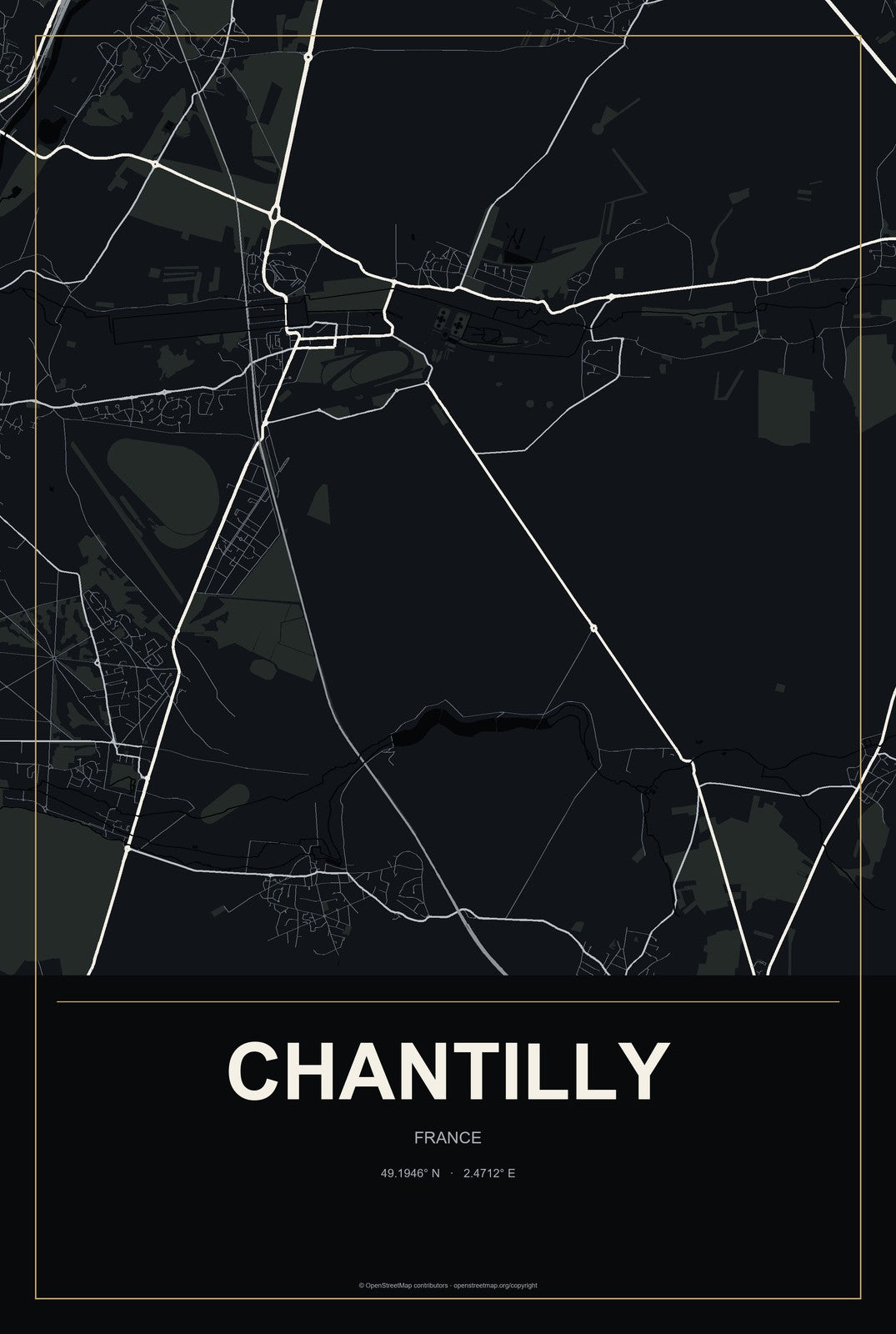 Chantilly, France City Map Aluminum Sign in Metropolitan Noir style