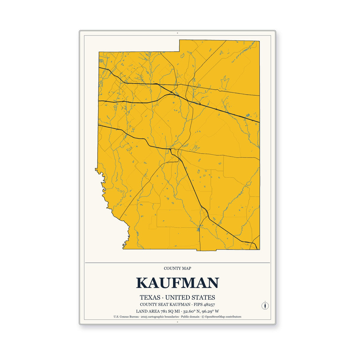 Kaufman County, Texas Map Aluminum Sign in Citrine Modern style
