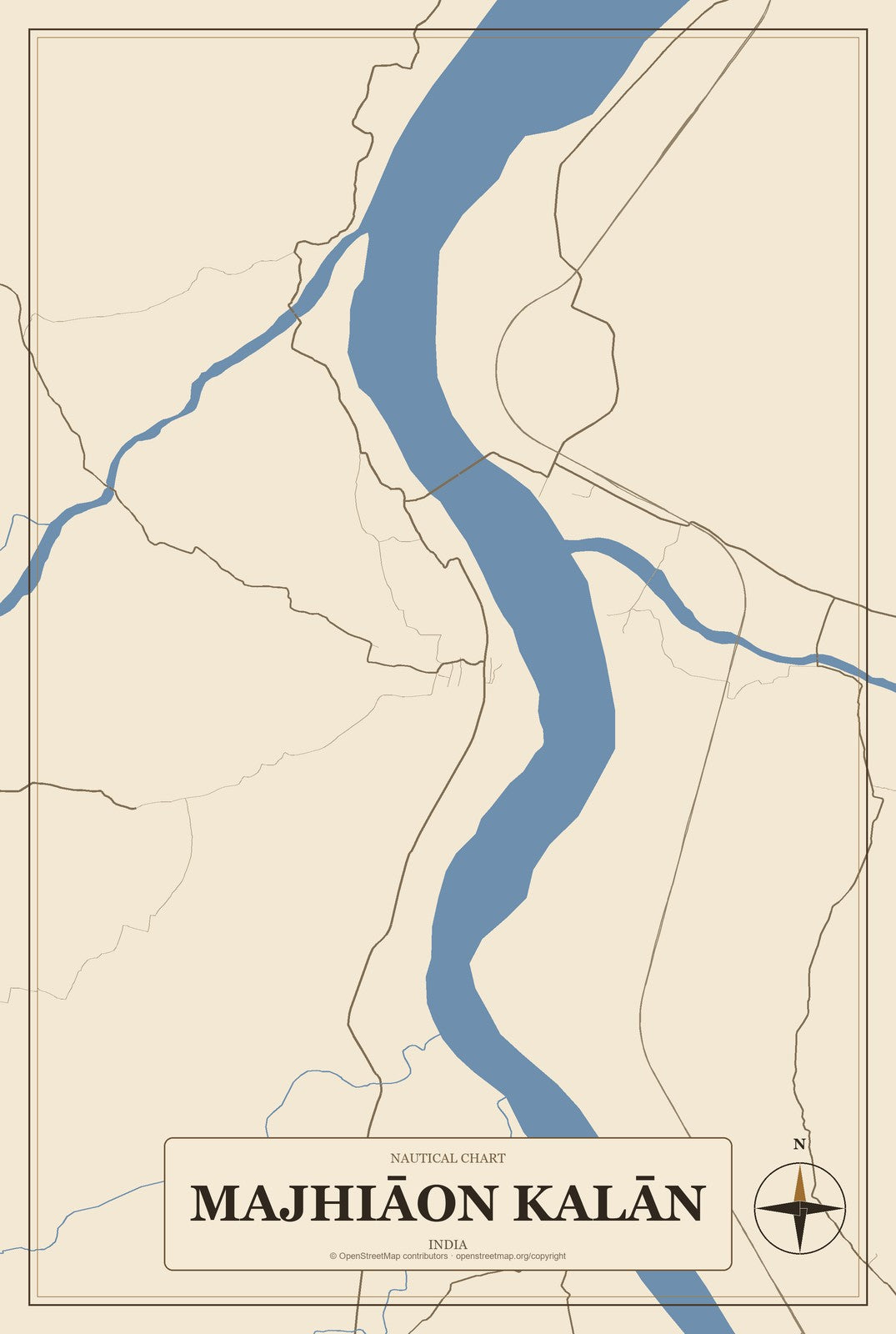 Majhiāon Kalān, India City Map Aluminum Sign in Heritage Nautical style